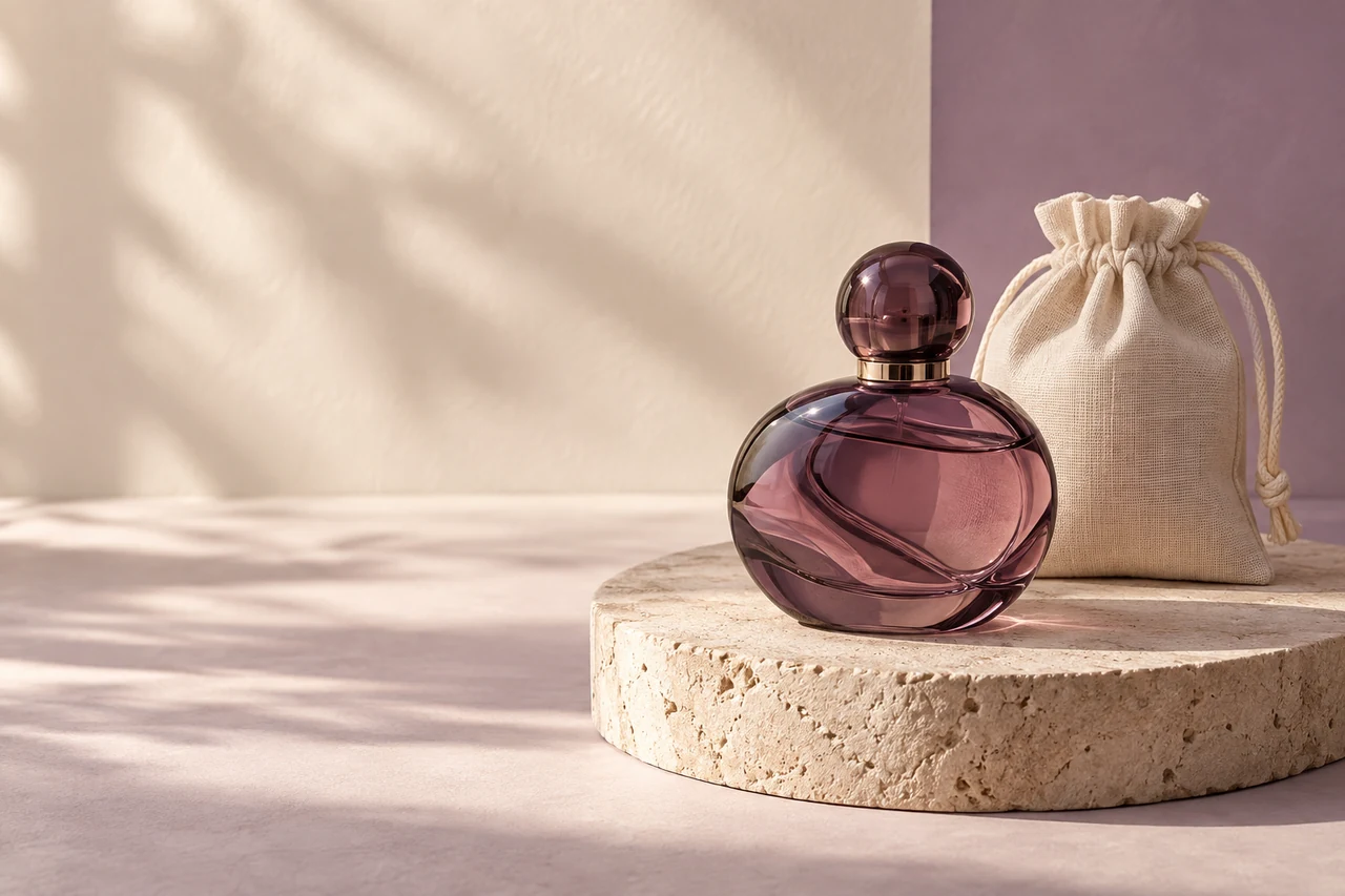 Perfume bottle and fabric pouch on a stone display stand